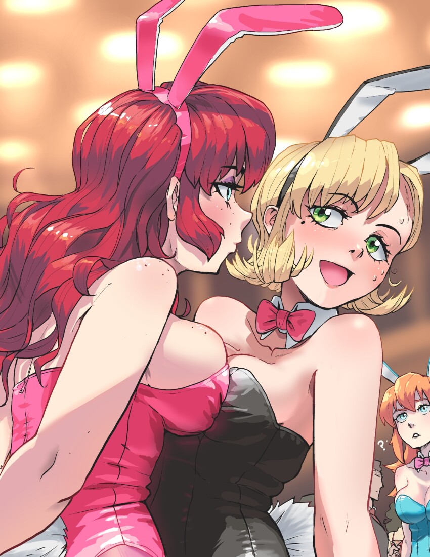 3girls, ?, animal_ears, aqua_eyes, arm_at_side, arms_behind_back, asymmetrical_bangs, asymmetrical_docking, averting_eyes, back, bare_shoulders, black_leotard, blonde_hair, blue_eyes, blue_leotard, blush, bowtie, breast_press, breasts, closed_mouth, couple, crowd, detached_collar, eyebrows_hidden_by_hair, eyeshadow, fake_animal_ears, fake_tail, freckles, from_side, green_eyes, half-closed_eyes, highres, indoors, kerrigan_(thescarletone), large_breasts, leotard, long_hair, looking_at_another, makeup, medium_breasts, michelle_(thescarletone), mole, mole_under_eye, multiple_girls, neck, nervous_smile, olivia_(thescarletone), open_mouth, original, parted_lips, pink_bow, pink_bowtie, pink_leotard, playboy_bunny, purple_eyeshadow, rabbit_ears, rabbit_tail, red_bow, red_bowtie, red_hair, serious, short_hair, sideboob, smile, standing, staring, strapless, strapless_leotard, symmetrical_docking, tail, thescarletone, yuri, zipper