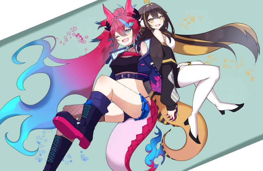 2girls, absurdres, ahoge, arms_at_sides, back-to-back, bare_shoulders, belt, high-waist_belt