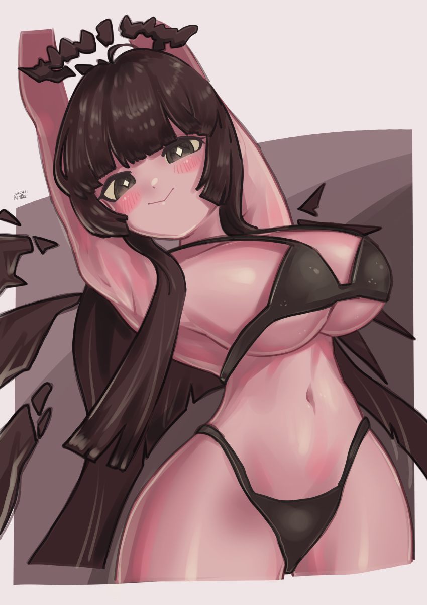 1girl, absurdres, alternate_breast_size_(larger), arknights, armpits, arms_up, bikini, black_bikini