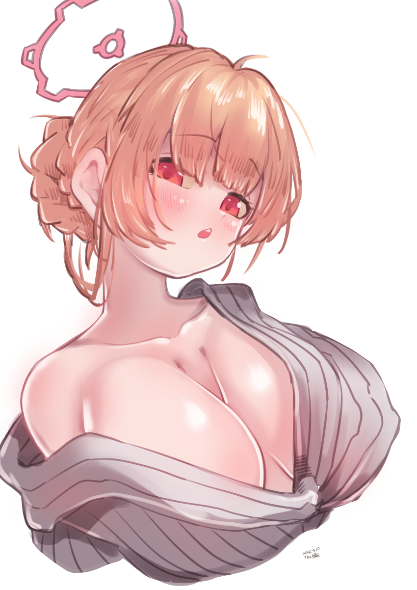 absurdres, bare_shoulders, bath_yukata, blue_archive, blush, breasts, cleavage, collarbone, dated, goldentissue1, hair_bun, halo, highres, japanese_clothes, kimono, large_breasts, nodoka_(blue_archive), nodoka_(hot_spring)_(blue_archive), off_shoulder, open_mouth, open_yukata, orange_hair, pink_halo, red_eyes, short_hair, teeth, upper_teeth_only, white_background, yukata