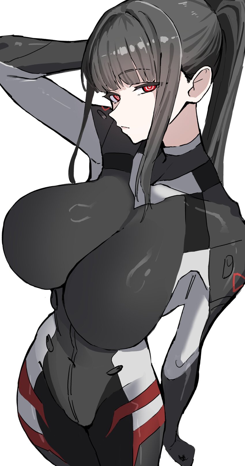 1girl, absurdres, black_bodysuit, black_hair, black_jumpsuit, blue_archive, bodysuit, bright_pupils, highres, jumpsuit, koppepan_agp, looking_at_viewer, official_alternate_costume, red_eyes, ringed_eyes, rio_(blue_archive), rio_(armed)_(blue_archive), simple_background, solo, white_background, white_pupils