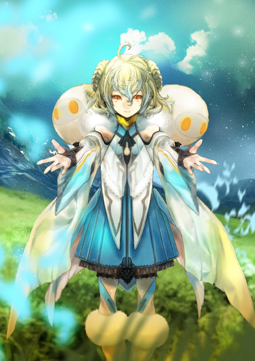 1boy, ahoge, apollo_(fate), asai_genji, black_sleeves, blue_dress, blue_sky, boots