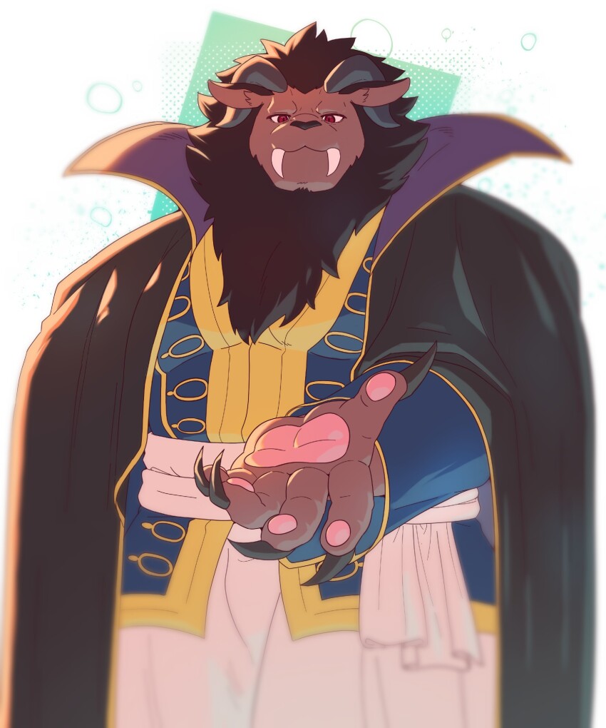 1boy, black_cape, cape, claws, closed_mouth, commentary, commission, english_commentary, fangs, fangs_out, furry, furry_male, highres, horns, leonhart_(niehime), lion_mane, looking_at_viewer, male_focus, morganramune, niehime_to_kemono_no_ou, open_hand, pawpads, popped_collar, red_eyes