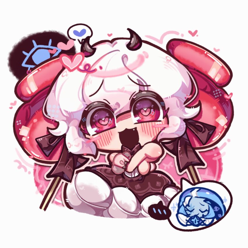 1girl, 9lfylqjnuann3vr, :3, bare_shoulders, black_bow, black_bowtie, black_dress, black_horns, blush, blush_stickers, bow, bowtie, bright_pupils, brown_outline, candy_apple_cookie, candy_apple_hair_ornament, chibi, chibi_only, commentary_request, cookie_run, cookie_run:_kingdom, cropped_torso, demon_girl, demon_horns, dress, fang, hair_bow, hair_ornament, hands_up, heart, heart-shaped_pupils, heart_in_eye, highres, horns, korean_commentary, open_mouth, outline, own_hands_together, patterned_clothing, petticoat, pink_pupils, raised_inner_eyebrows, red_eyes, see-through_clothes, see-through_sleeves, shadow_milk_cookie, short_hair, short_sleeves, simple_background, sleeve_bow, small_horns, solo, spoken_blush, spoken_character, spoken_heart, symbol-shaped_pupils, symbol_in_eye, white_background, white_hair