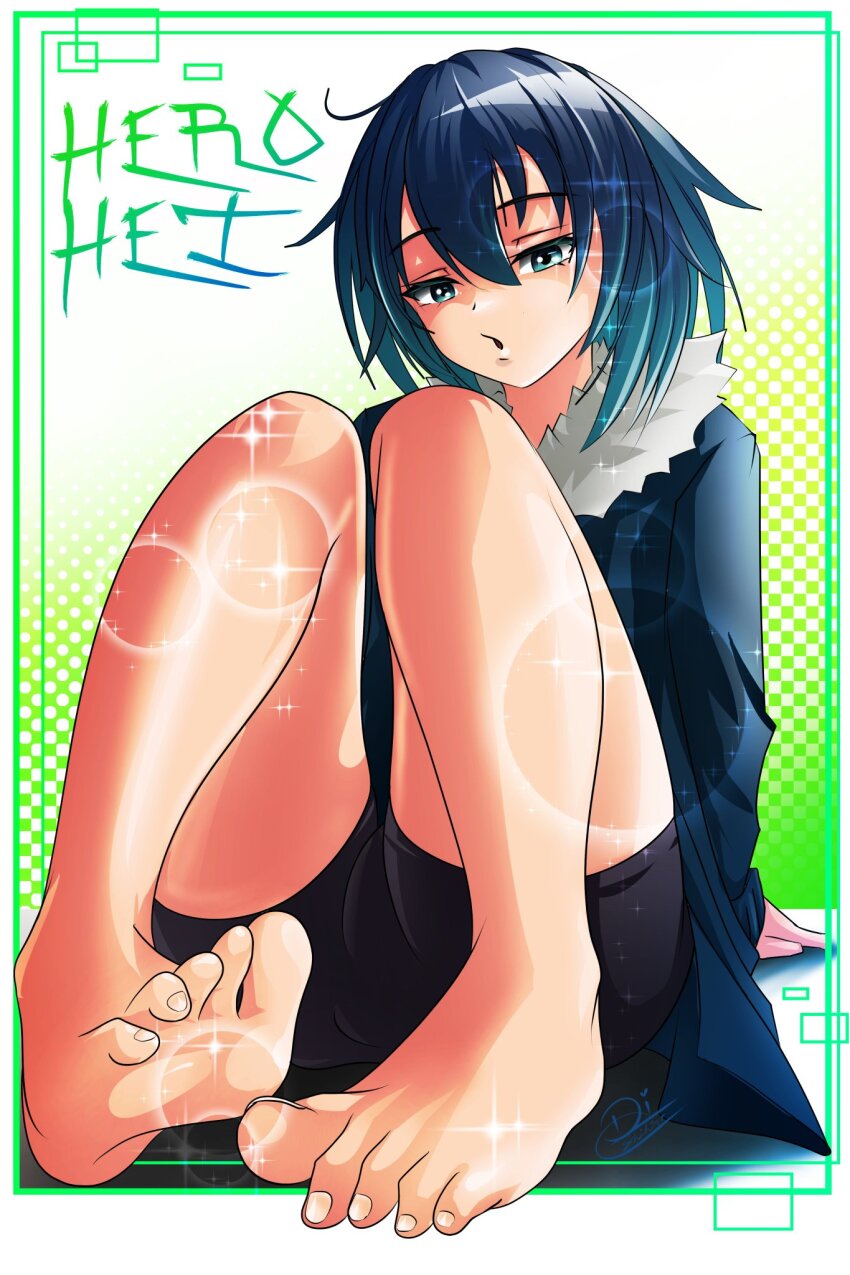 1boy, androgynous, arm_support, black_hair, english_text, feet, foot_focus, fur_trim