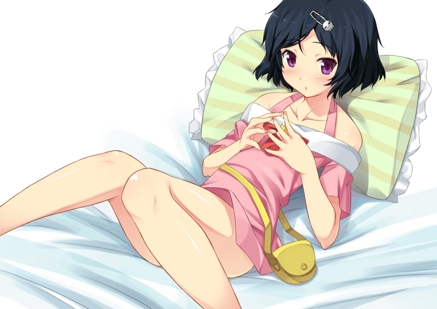 1boy, bare_legs, bare_shoulders, black_hair, blue_hair, blush, frilled_pillow, frills