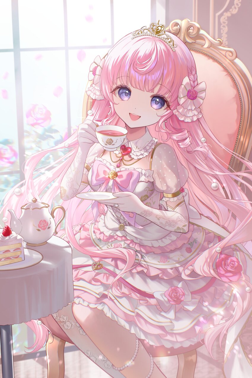 1girl, absurdres, bow, cake, chair, collar, cup, dress