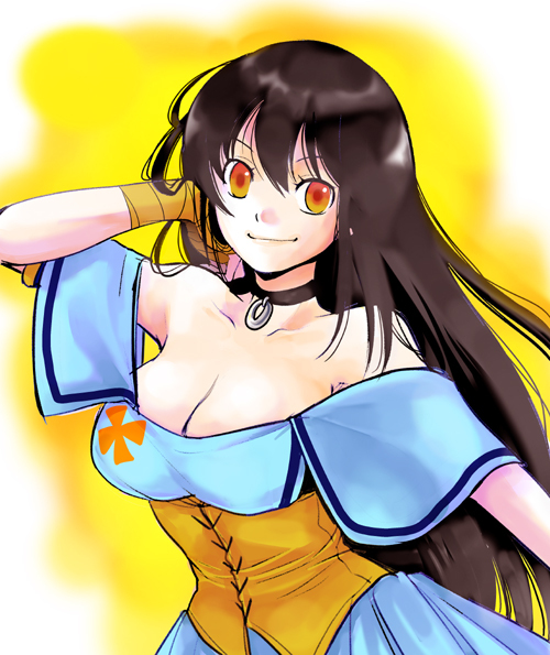 1girl, bad_id, bad_pixiv_id, breasts, brown_hair, cleavage, cora, corset