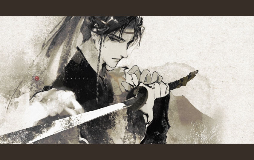 1boy, artist_name, chinese_commentary, closed_mouth, furrowed_brow, headband, high_ponytail, highres