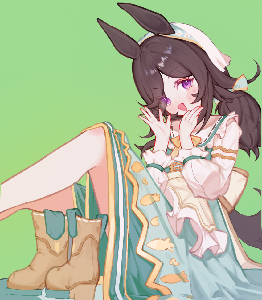 1girl, :d, absurdres, animal_ears, apron, asymmetrical_bangs, b2w, blush