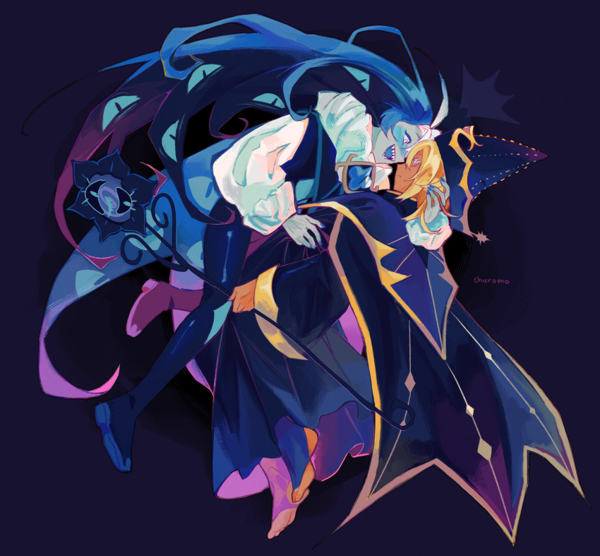 2boys, artist_name, black_hat, blonde_hair, blue_eyes, blue_hair, blue_nails, blue_skin