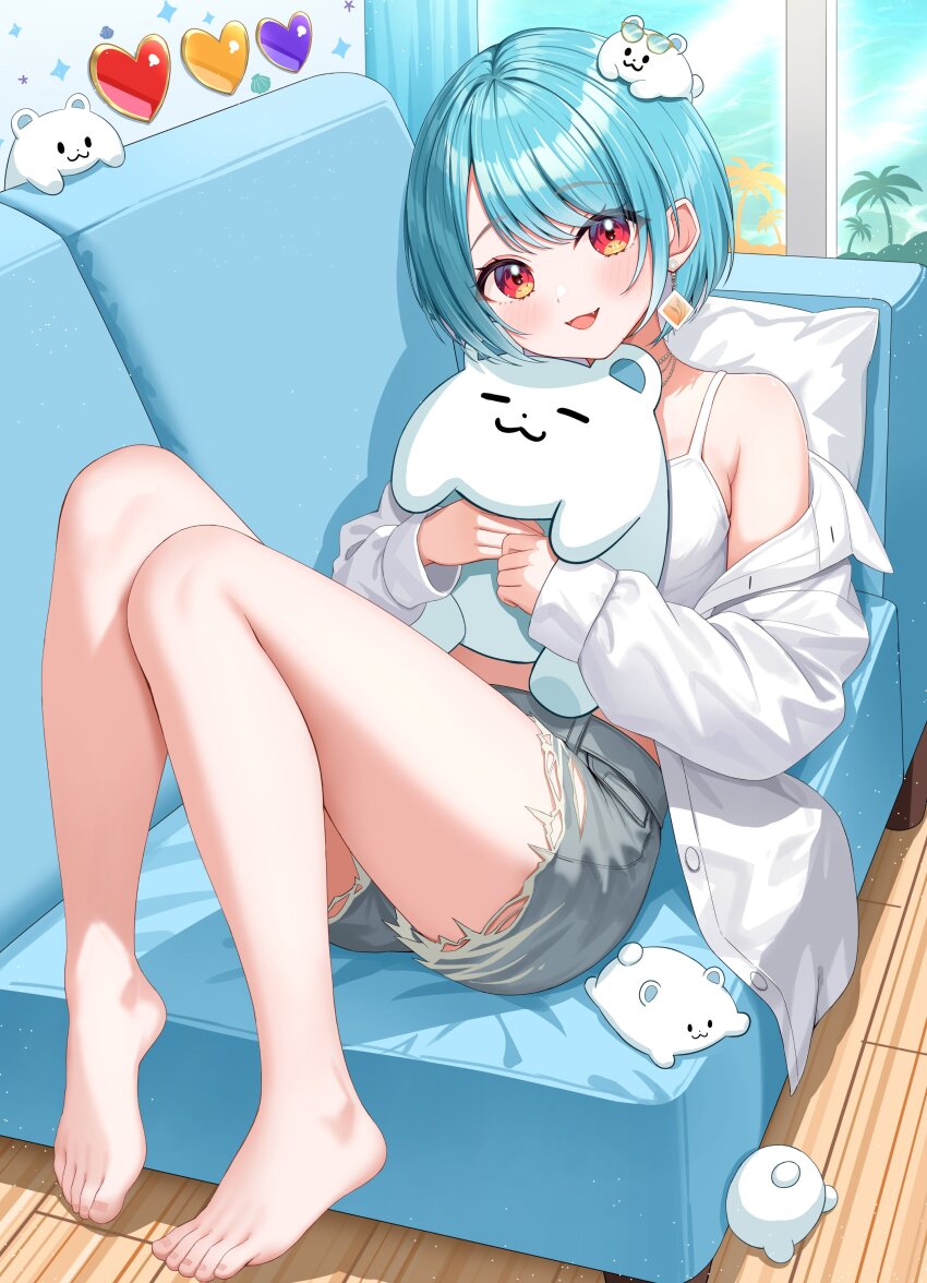 1girl, :d, absurdres, barefoot, blue_hair, camisole, commentary_request, couch