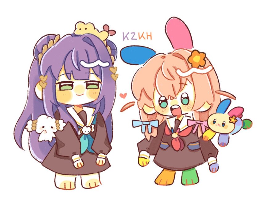 2girls, ^_^, animal_ears, animal_feet, animal_hands, aqua_neckerchief, baboomasu, blue_ribbon