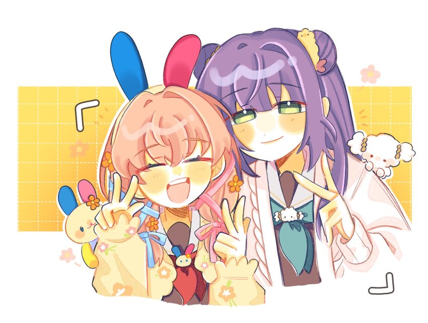 2girls, :d, ^_^, animal_ear_hairband, animal_ears, aqua_neckerchief, baboomasu, cerise_bouquet