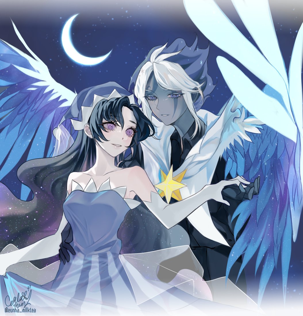 1boy, 1girl, antenna_hair, bare_shoulders, behind_another, black_hair, black_pants, black_shirt