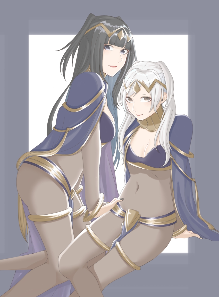 2girls, ao_saryaruhu, ass, black_bra, black_eyes, black_hair, black_nails, bodysuit