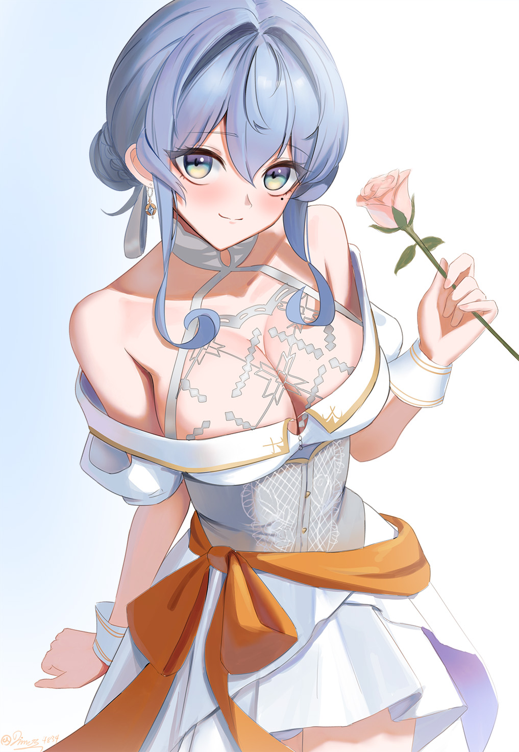 1girl, bare_shoulders, blue_eyes, blue_hair, blush, bow, breasts, buttons