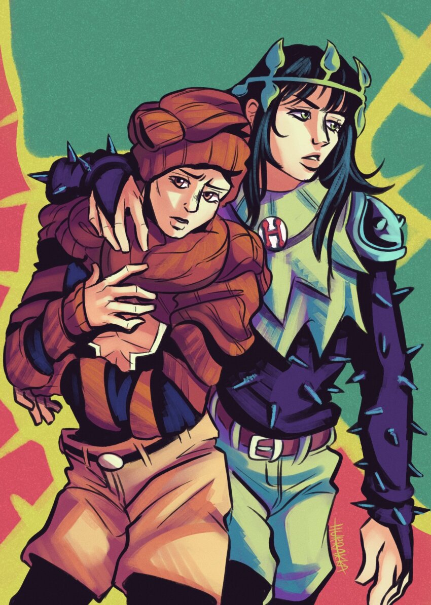 2boys, arm_around_shoulder, beanie, belt, black_bridal_gauntlets, black_hair, black_pantyhose, black_shirt