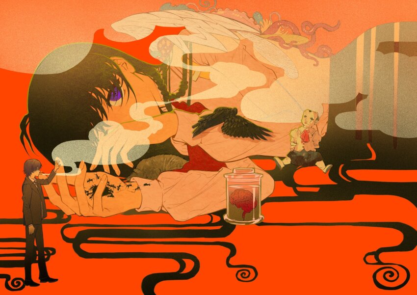 1boy, 1girl, angel_wings, animal, ant, antenna_hair, ascot, asymmetrical_wings