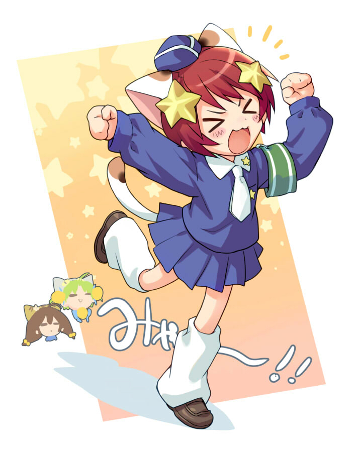 >_<, 3girls, :3, animal_ears, armband, blue_hat, blue_shirt, blue_skirt