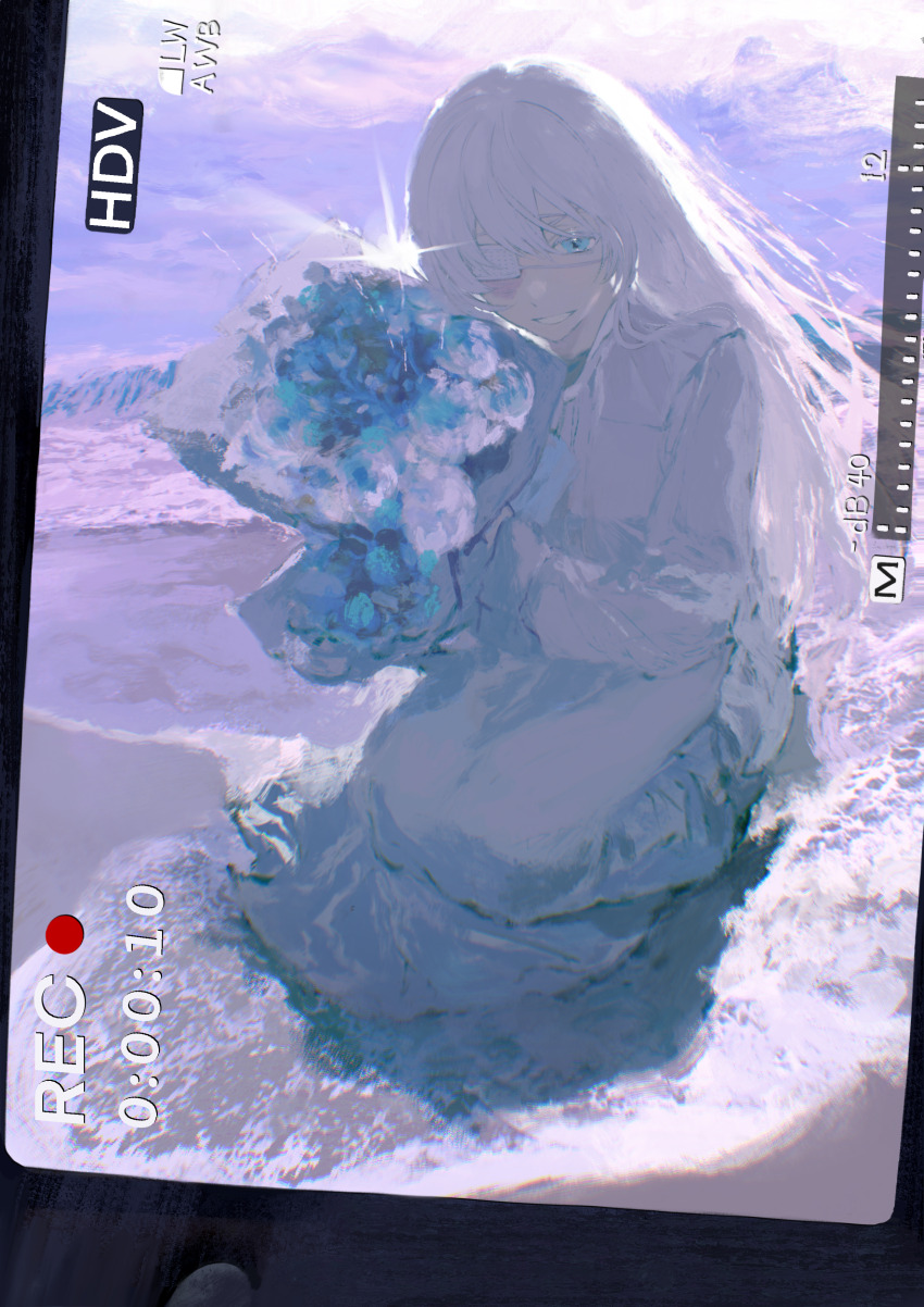 1girl, absurdres, backlighting, beach, blue_eyes, bouquet, dress, eyepatch