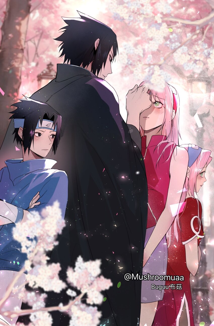 1boy, 1girl, back-to-back, black_cape, black_eyes, black_hair, blush, cape