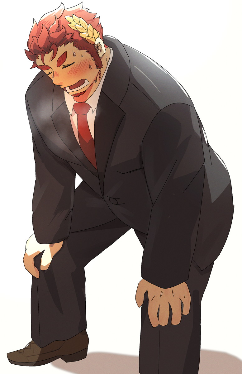 1boy, bara, blush, breath, claude_(housamo), embarrassed, facial_hair, foot_out_of_frame