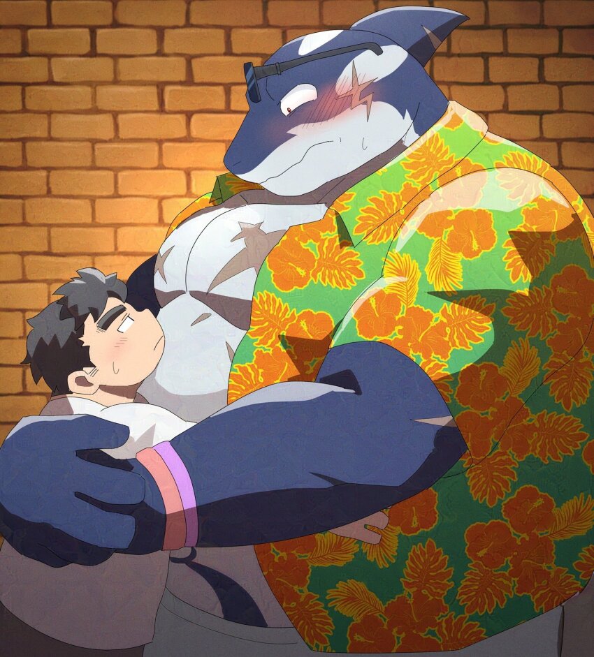 2boys, bara, cowboy_shot, eye_contact, fat, fat_man, from_side, furry