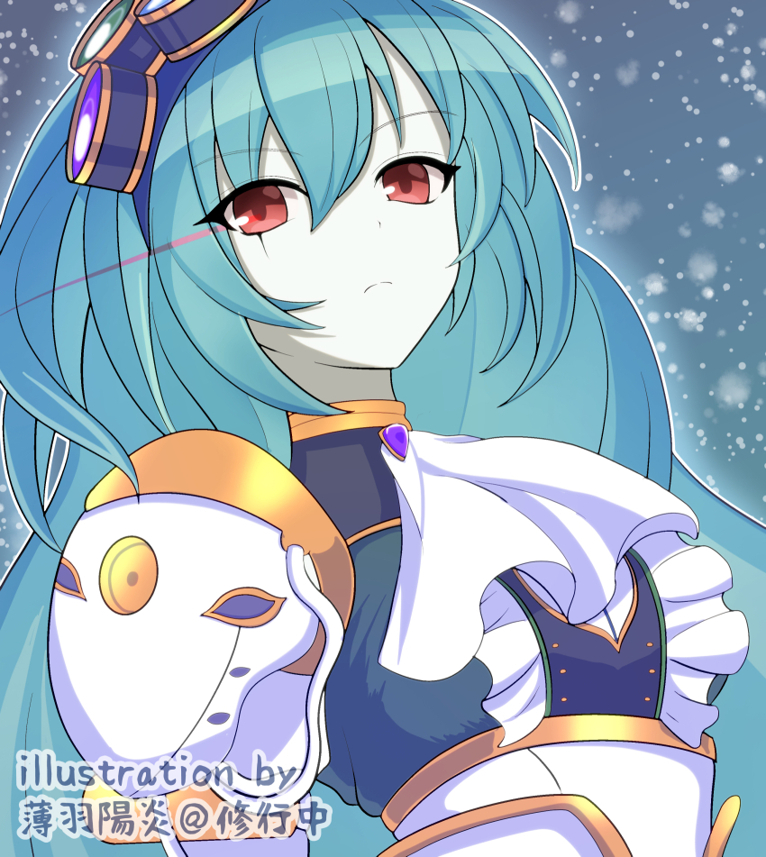 1girl, aqua_hair, breasts, closed_mouth, duel_monster, hair_between_eyes, headgear, highres, long_hair, looking_at_viewer, mechanical_arms, medium_breasts, red_eyes, solo, usuba_kagerou_(shougyouchu), yu-gi-oh!, gorgon_of_zilofthonia