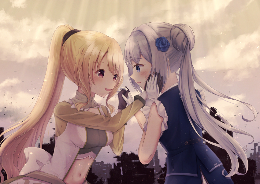 2girls, absurdres, black_gloves, blue_eyes, face-to-face, gloves, highres, holding_hands