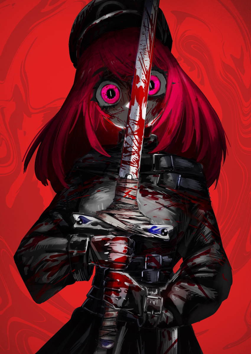 1girl, absurdres, armor, black_hat, black_jacket, blood, blood_on_clothes, bloody_weapon
