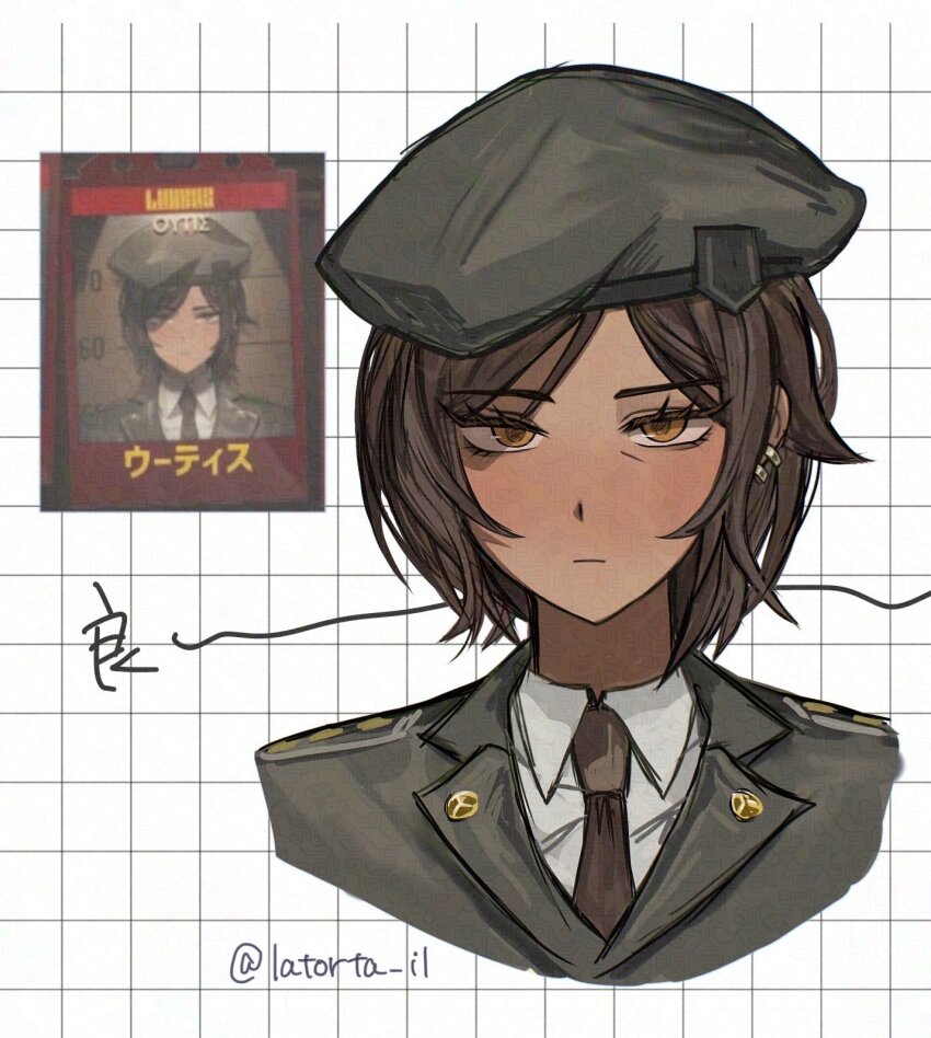 1girl, beret, brown_eyes, brown_hair, coat, collared_shirt, dark-skinned_female, dark_skin