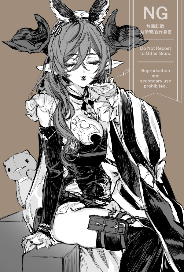 1girl, asymmetrical_sleeves, blowing_kiss, brown_background, closed_eyes, cowboy_shot, detached_sleeves, extra_ears