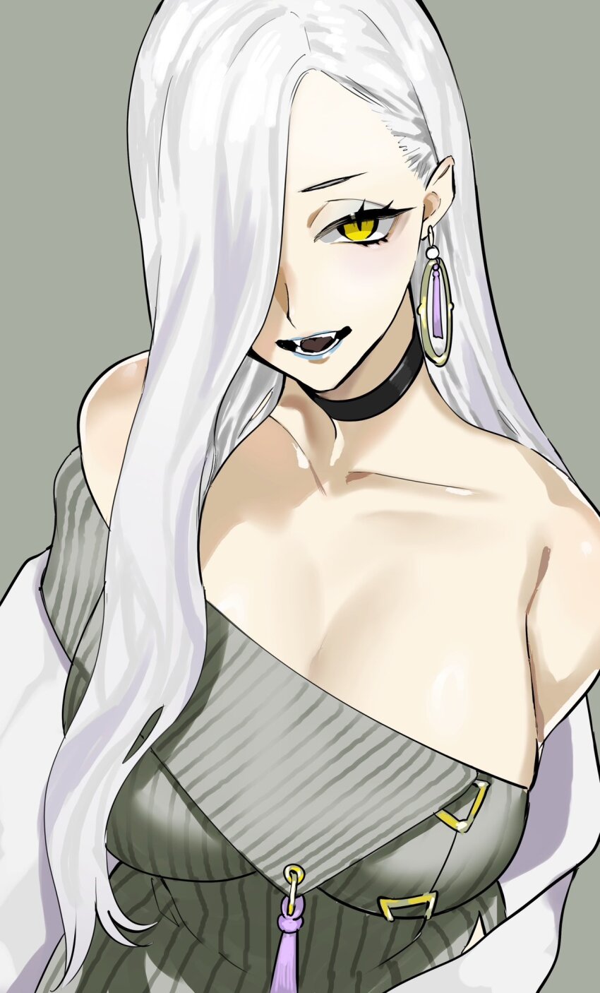 1girl, black_choker, blue_lips, breasts, choker, cleavage, fangs, fate/grand_order