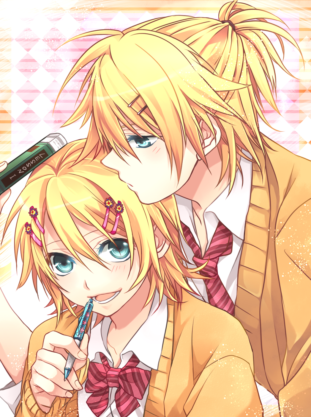 1boy, 1girl, blonde_hair, blue_eyes, bow, bowtie, brother_and_sister, cardigan, hair_ornament, hairclip, highres, kagamine_len, kagamine_rin, necktie, red_bow, red_bowtie, red_necktie, school_uniform, short_hair, siblings, smile, striped_bow, striped_bowtie, striped_clothes, striped_necktie, striped_neckwear, teito_(0w0kuma), twins, vocaloid