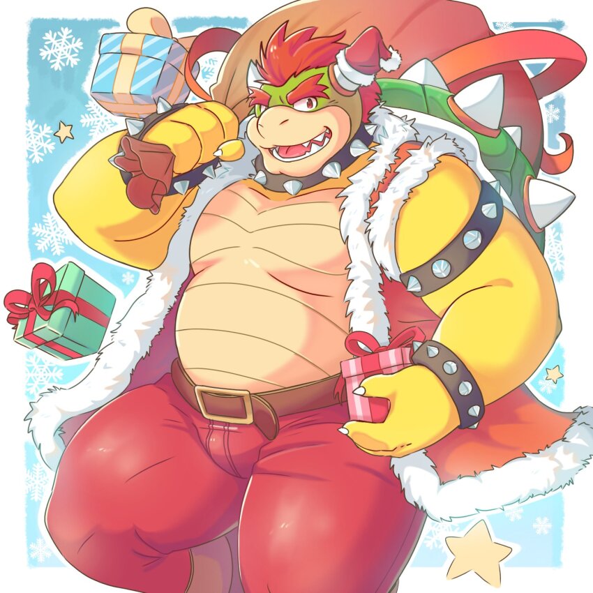 1boy, armlet, bara, belly, biceps, bowser, box, bracelet, claws, collar, commentary, english_commentary, fangs, fat, fat_man, floral_bow, fur_trim, furry, furry_male, gift, gift_box, hat, hat_on_horn, highres, holding, holding_sack, horns, jewelry, looking_at_viewer, male_focus, mario_(series), morganramune, muscular, muscular_male, nintendo, open_mouth, pants, pectorals, red_hair, red_pants, sack, santa_costume, santa_hat, sleeveless, smile, snowflakes, spiked_armlet, spiked_bracelet, spiked_collar, spiked_shell, spikes, star_(symbol)