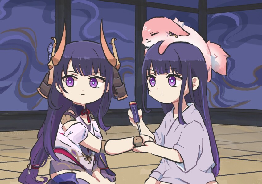 2girls, animal, animal_on_head, commentary, english_commentary, expressionless, fox, fox_on_head