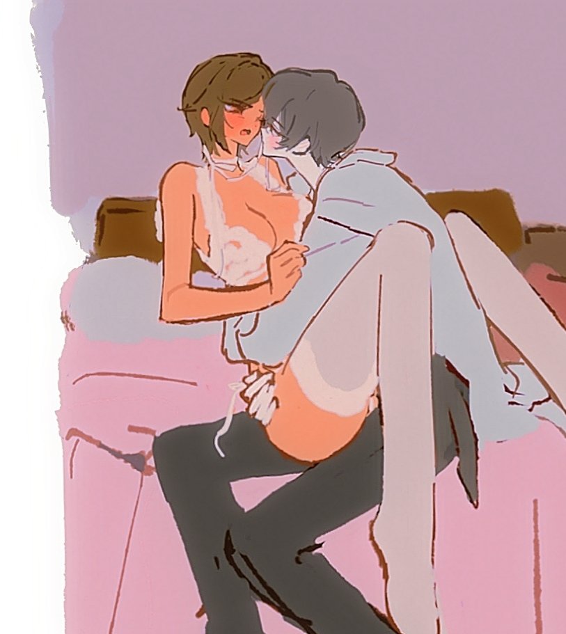 1boy, 1girl, bedroom, black_hair, black_pants, bra, brown_eyes, brown_hair