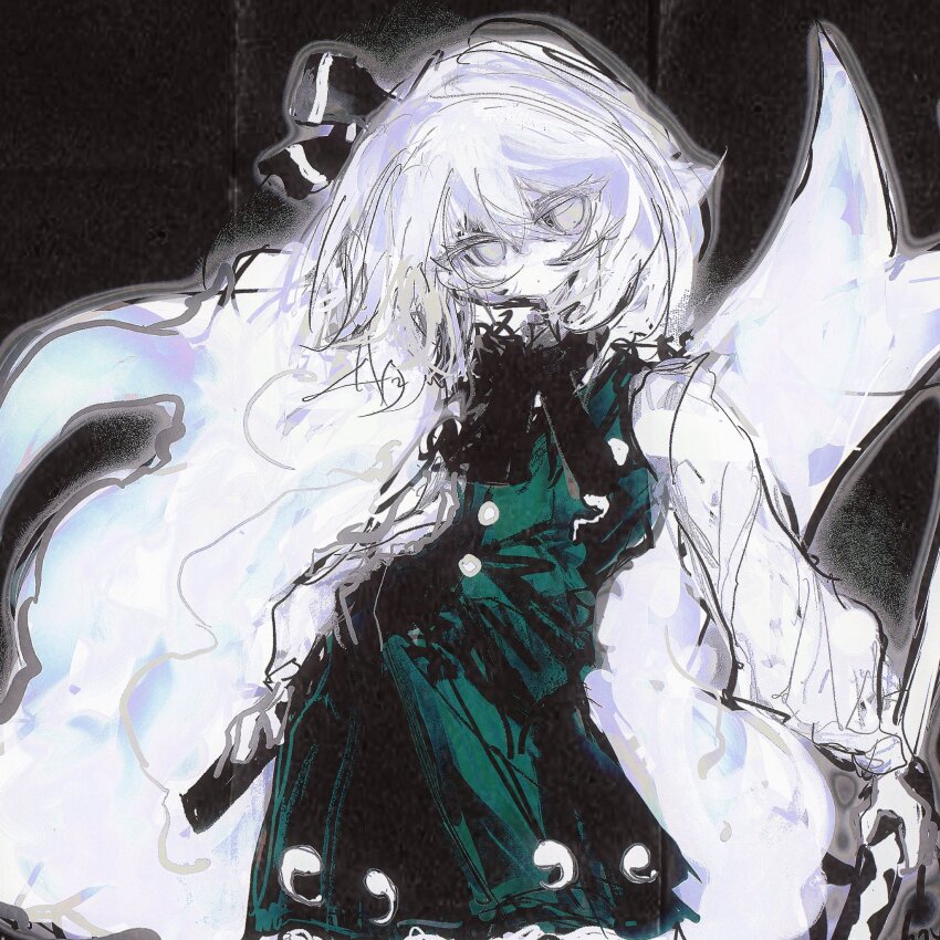 1girl, akama_chlorine, black_ribbon, black_shirt, black_skirt, closed_mouth, dot_mouth, grey_eyes