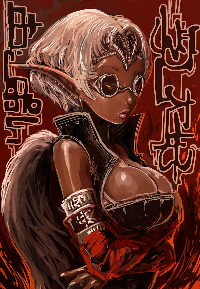 breasts, cleavage, dark-skinned_female, dark_skin, detached_sleeves, earrings, goggles, headband