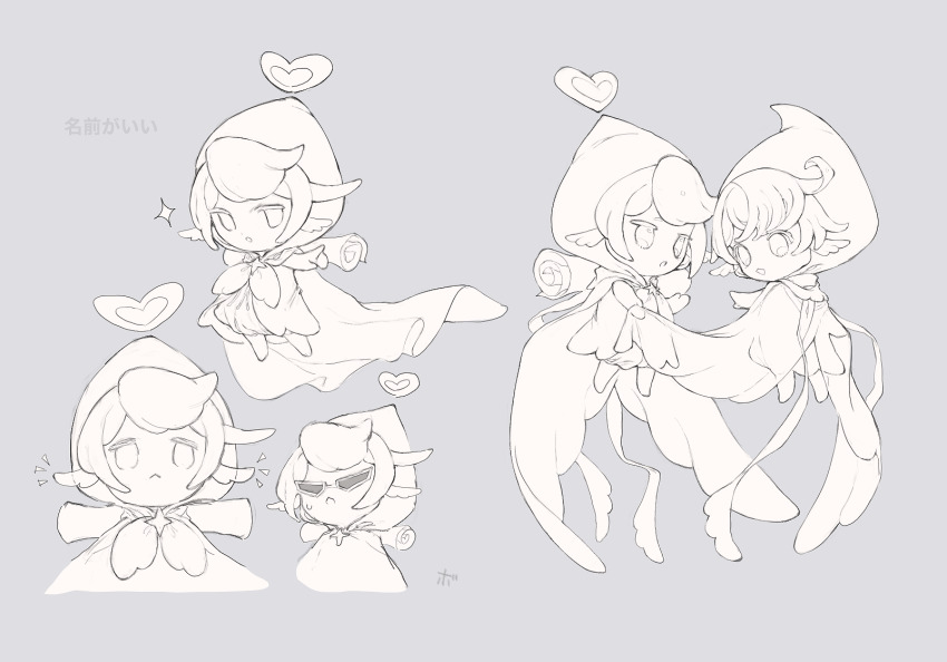 1boy, barefoot, boboda_(infinity_nikki), bow, bowtie, brooch, character_request, chibi, cloak, closed_mouth, commentary_request, cropped_torso, faewish_sprite, fins, floating, frown, grey_background, greyscale, hat_ornament, head_fins, heart, heart_hat_ornament, highres, hood, hood_up, hooded_cloak, infinity_nikki, jewelry, male_focus, monochrome, multiple_views, nikki_(series), notice_lines, open_mouth, pointing, pointing_forward, robe, scroll, short_hair, simple_background, sparkle, star_brooch, sunglasses, sweatdrop, talking, tinakko, translation_request, triangular_eyewear