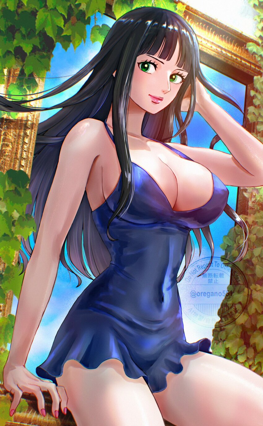 1girl, aqua_eyes, bare_shoulders, blue_dress, blunt_bangs, breasts, cleavage, collarbone