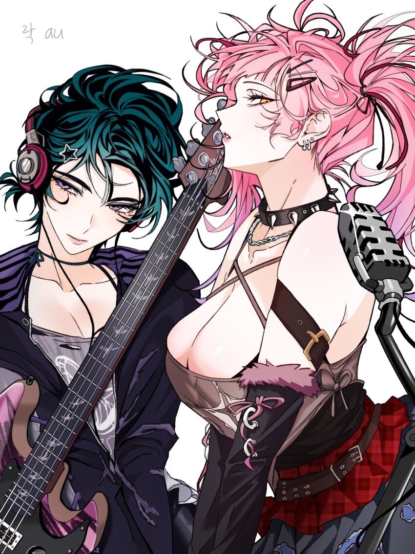 2girls, alien_stage, bass_guitar, black_choker, black_hair, black_jacket, breasts, brown_tank_top