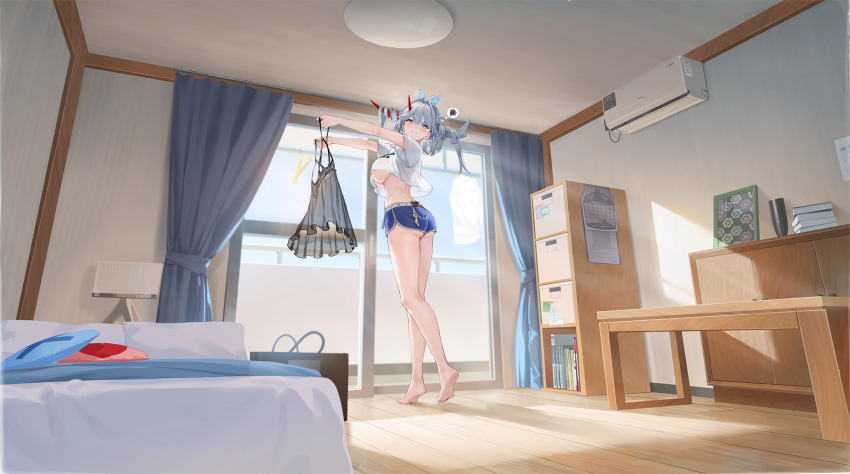 1girl, absurdres, air_conditioner, ass, azur_lane, barefoot, bed, blue_shorts