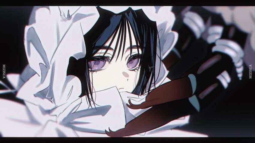 1girl, 1other, alien, alien_stage, black_hair, bonnet, closed_mouth, frilled_bonnet, frills, highres, kyon_(kyonrp33f), letterboxed, looking_at_viewer, nigeh_(alien_stage), purple_eyes, signature, solo_focus, sua_(alien_stage), white_bonnet