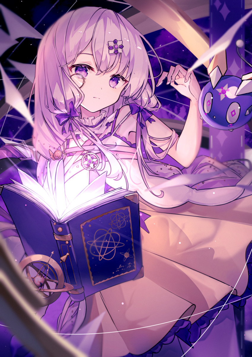 1girl, abstract_background, arcaea, armillary_sphere, bare_shoulders, blurry, book, bow