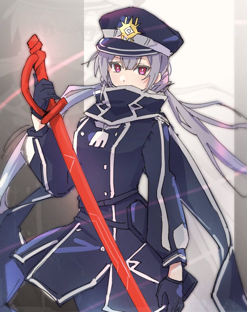 1girl, black_hat, black_jacket, black_pants, cowboy_shot, duel_monster, grey_background, grey_hair