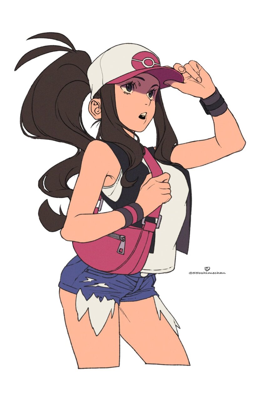 1girl, 55oshimechan, antenna_hair, bag, baseball_cap, black_vest, brown_hair, cowboy_shot, exposed_pocket, eyelashes, hand_on_headwear, hat, high_ponytail, highres, hilda_(pokemon), long_hair, looking_up, nintendo, open_clothes, open_mouth, open_vest, pokemon, pokemon_black_and_white, ponytail, shirt, short_shorts, shorts, shoulder_bag, sidelocks, simple_background, sleeveless, sleeveless_shirt, solo, teeth, twitter_username, upper_teeth_only, vest, white_background, white_hat, white_shirt, wristband, zipper, zipper_pull_tab
