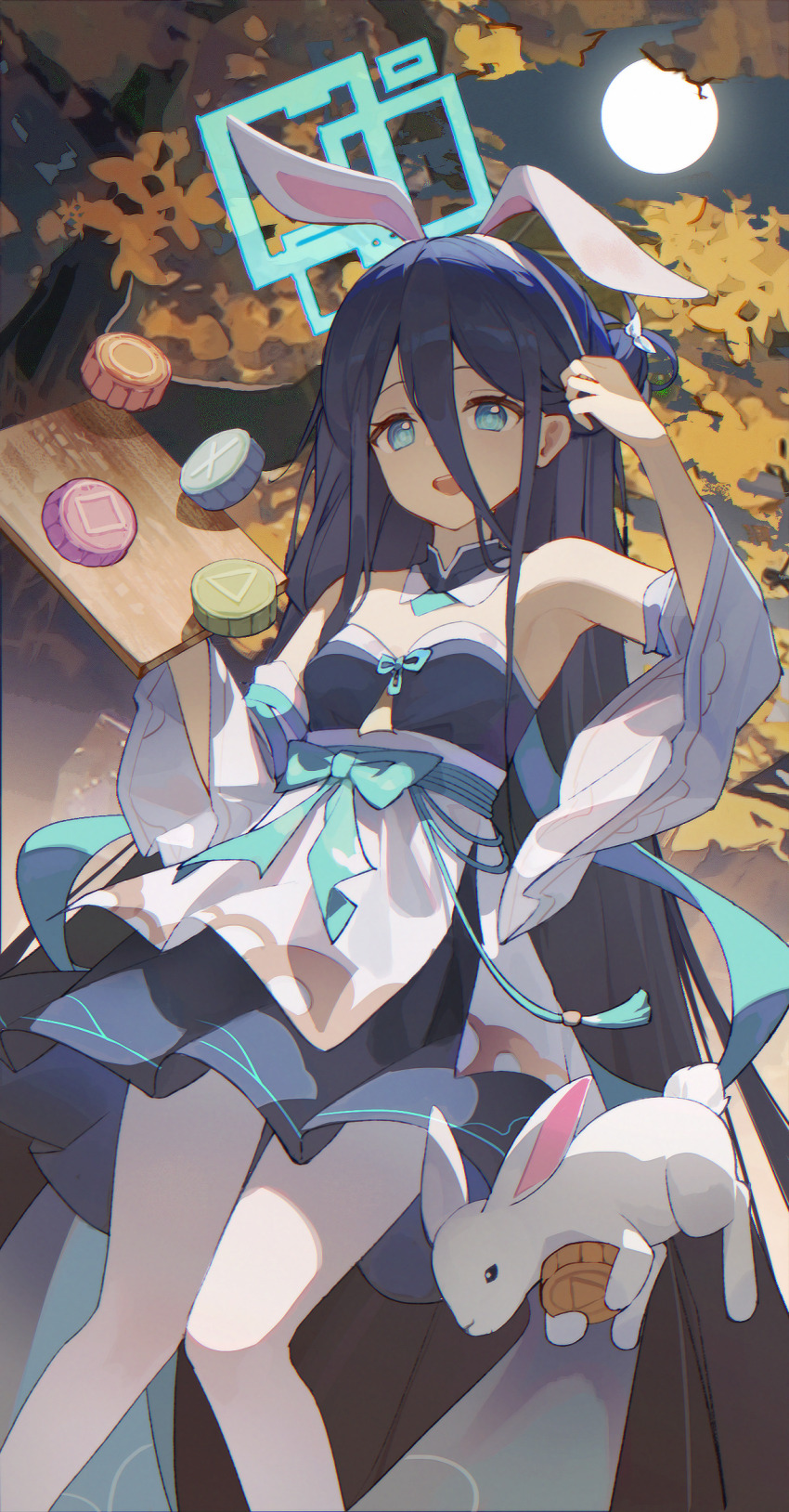 1girl, absurdly_long_hair, alternate_costume, animal_ears, aqua_halo, aris_(blue_archive), aris_(moon_rabbit)_(blue_archive), arm_up, black_hair, blue_archive, blue_dress, blue_eyes, cake, commentary, detached_sleeves, dress, fake_animal_ears, food, full_moon, gleam_lin_shi, hair_between_eyes, halo, highres, holding, holding_tray, long_hair, looking_at_viewer, moon, night, open_mouth, pantyhose, rabbit, rabbit_ears, sky, smile, solo, strapless, strapless_dress, tray, very_long_hair, white_pantyhose