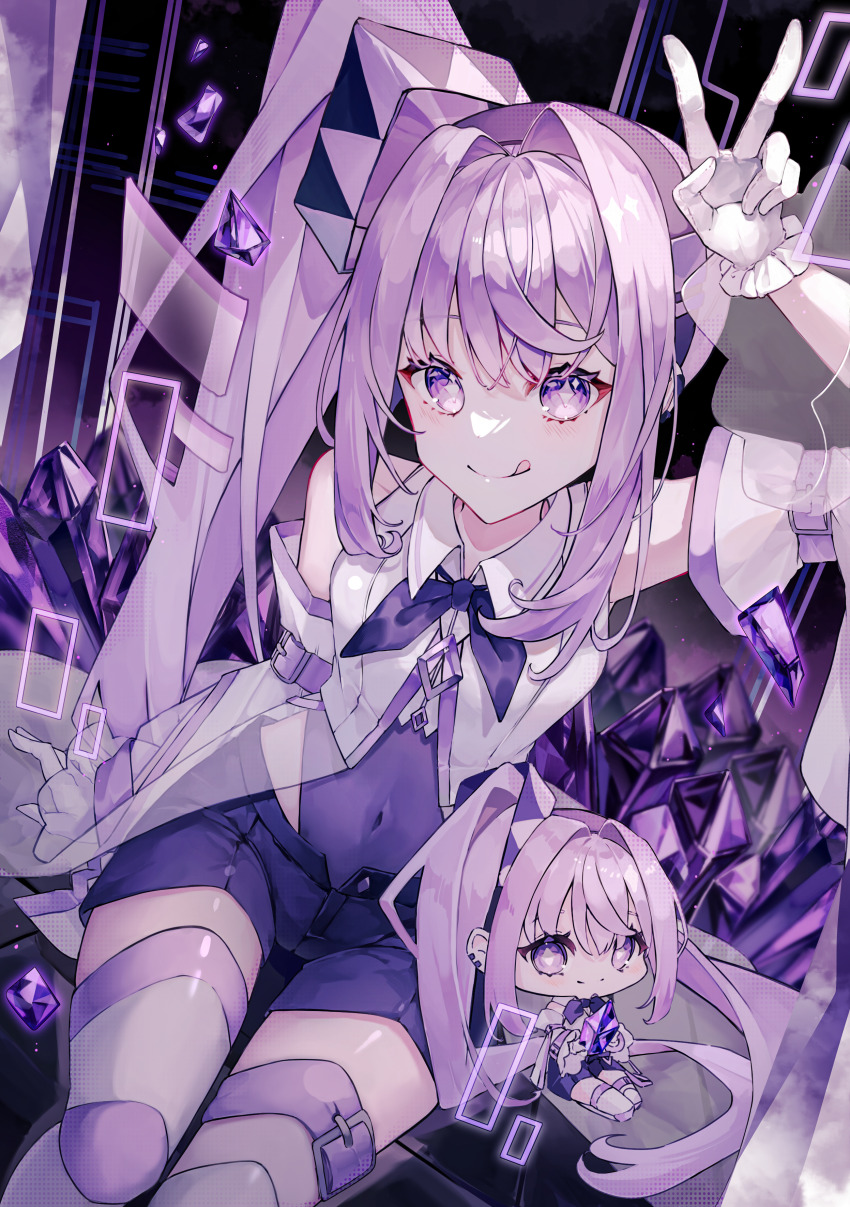 1girl, :q, absurdres, ai-chan_(arcaea), arcaea, asymmetrical_legwear, bare_shoulders, black_shorts, blush, character_doll, closed_mouth, collared_shirt, commentary, covered_navel, crystal, detached_sleeves, diamond-shaped_pupils, diamond_(shape), doll, frilled_sleeves, frills, gloves, hair_intakes, hairband, hand_up, highleg, highleg_leotard, highres, leotard, leotard_under_clothes, long_hair, looking_at_viewer, miyu_(miy_u1308), open_fly, purple_eyes, purple_hair, purple_hairband, purple_leotard, purple_theme, shirt, short_shorts, shorts, side_ponytail, sleeveless, sleeveless_shirt, smile, solo, striped_clothes, striped_thighhighs, symbol-shaped_pupils, thigh_strap, thighhighs, tongue, tongue_out, uneven_legwear, v, white_gloves, white_shirt, white_sleeves